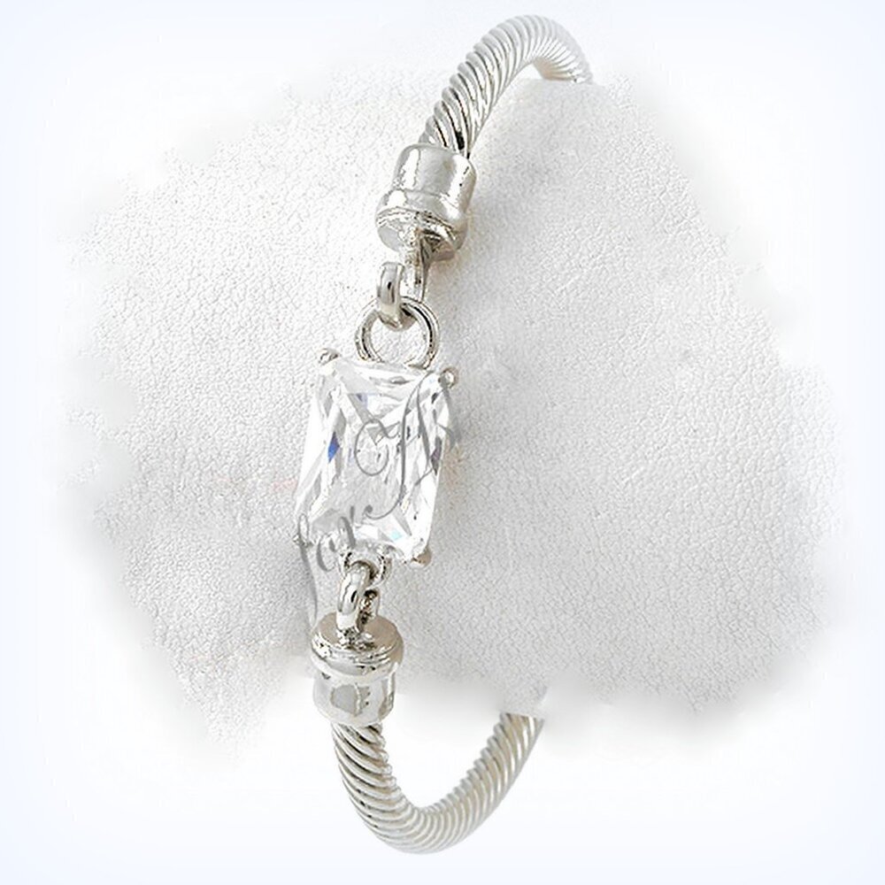 Cable Twisted Silver Tone Faux Clear White Crystal Cuff Bracelet